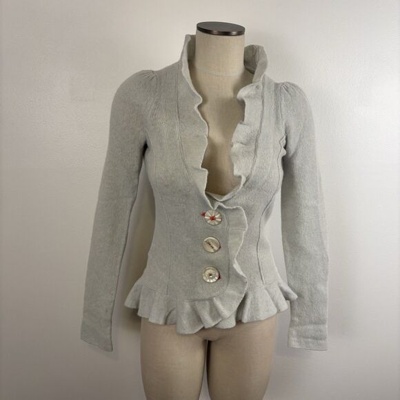 Anthropologie Cartonnier Light Blue Boiled Wool Ruffled Collared Cardigan XS - Picture 1 of 7
